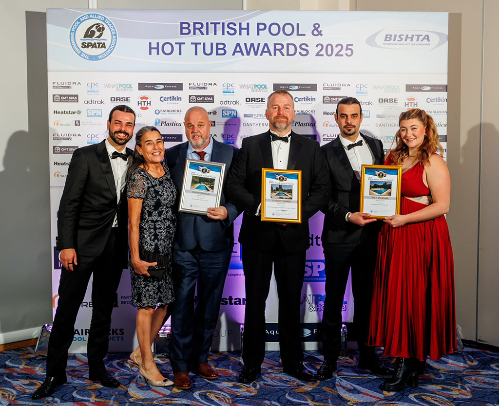 Mermaid representatives celebrating with award certificates at the British Pool & Hot Tub Awards 2025